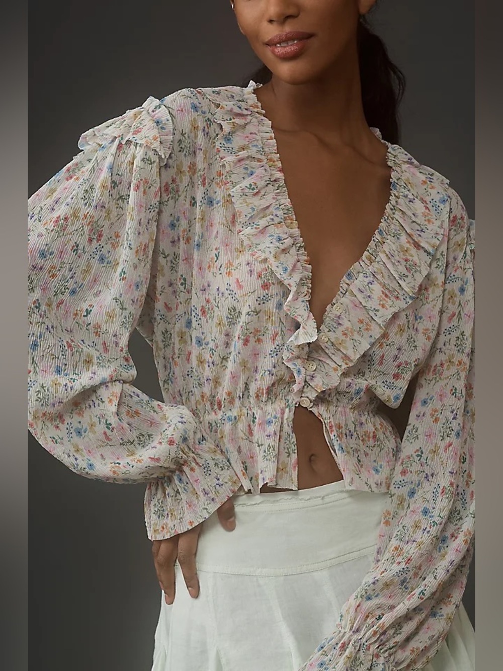 Anthropologie Floral Ruffle V-Neck Peasant Blouse - Cream Mesh Medium